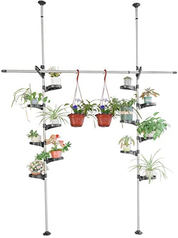 ARIIKON Scaffale Telescopico per Piante da Interno, Supporto per Fioriera con 12 Ripiani, 2 Gancio e 1 Asta Estensibile, Portafiori Espositore in Metallo e Plastica, Regolabile in Altezza, Grigio
