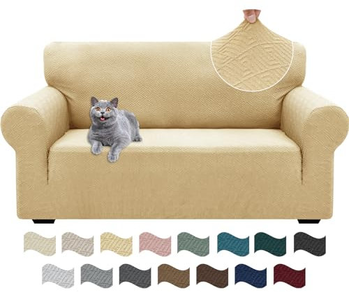 Ystyle Stretch Sofa Überzug 2 Sitzer, Sofabezug rutschfest Mit Armlehne, Elastische Couch Überzug Jacquard, Universal Sofa Cover Moderne, Sofaschoner Hund Katze Für Wohnzimmer, Beige Gelb