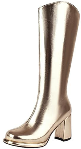 Stivali Alti al Ginocchio da Donna con Specchio Metallizzato,Stivali da Cavaliere con Punta Tonda Argento Oro Moda con Tacco Alto,Stivali Occidentali Sexy con Cerniera,d'oro,41 EU
