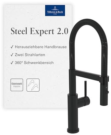 Villeroy & Boch Steel Expert 2.0 Küchenarmatur, Hochdruck, Wasserhahn Küche mit Umschaltfunktion und schwenkbarem Auslauf, Spültischarmatur wassersparend, Auslauf Höhe 170mm, Matt Black