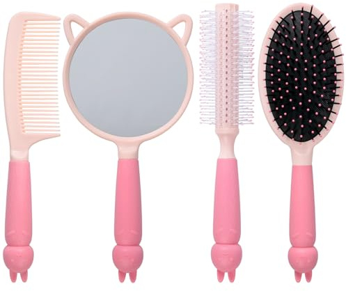 MEGAVOW 4 Stück Mädchen Haarbürste Handspiegel Set, Süßer Lockenkamm, Detangler Haarkämme, Massagekamm für Nasses, Trockenes Haar, Spiegel Klein mit Griff, Friseurkamm Geschenk für Damen