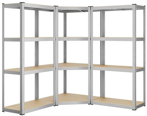 SONGMICS Set di Scaffale Angolare a 4 Ripiani, Scaffalatura ad Angolo in Acciaio per Carichi Pesanti, per Garage, Ripostiglio, Magazzino, Portante 1500 kg, Argento Pallido e Beige Naturale GLR056E03