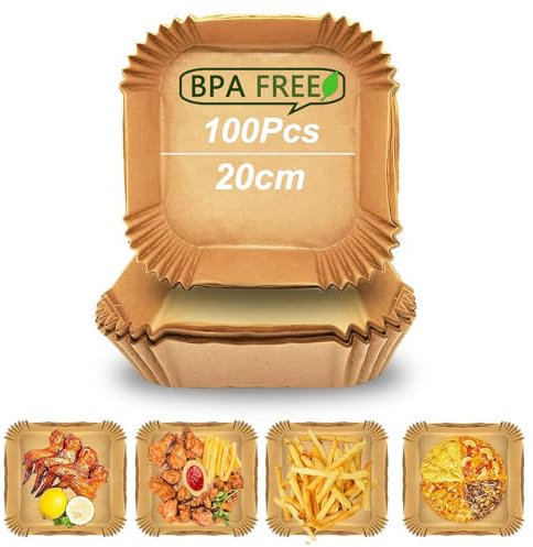 Air Fryer Liners Disposable, 100PCS 20cm Square Parchment Paper Liner for 5-7L Air Fryer, Food Grade Greaseproof Baking Paper for COSORI, Ninja, Tefal Air Fryer Accessories