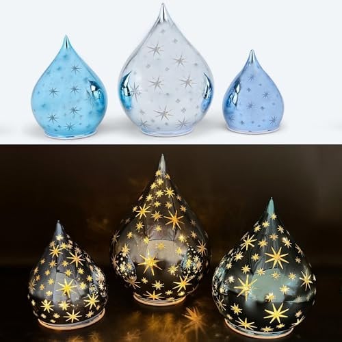 3 Deko Glastropfen mit LED Lichterkette, Sternen und Timerfunktion - Stimmungslicht (Hellblau)