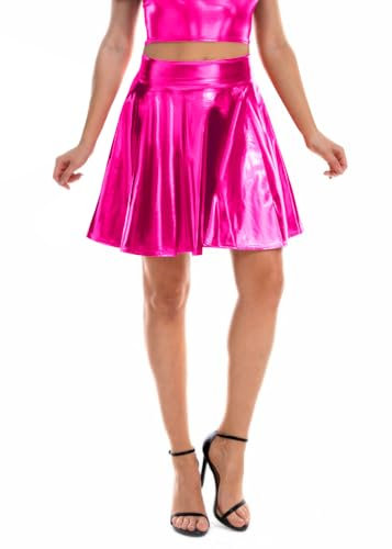 shownicer Damen Rock Kurze Faltenrock Mini Skater Rock Glitzer Party Hohe Taille Elastischer Plisseerock A Rose Rot XL