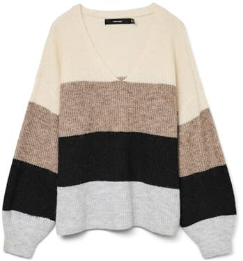 VERO MODA Damen VMDESMA LS V-Neck Pullover GA Boo Strickpullover, Birch/Detail:W. Silver Mink/Black/LGM, Medium