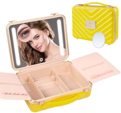 Kalolary Beauty Case Reise-Make-up-Tasche mit LED-Spiegel, Make-up-Tasche, Reise-Make-up-Tasche, tragbar, professionell, Kosmetikkoffer, gelb, Kosmetiktasche