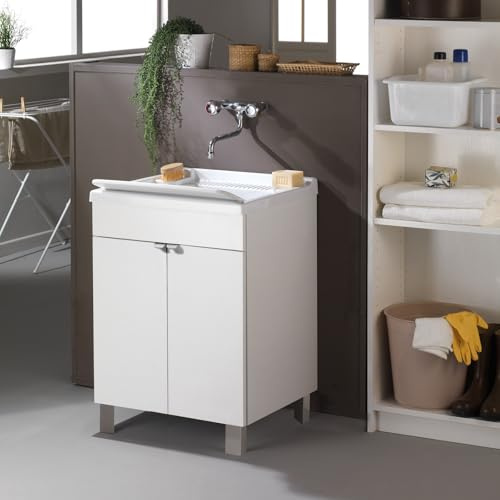 Mobile lavatoio in legno Bianco con vasca in resina (2 Ante, 60x60 cm)
