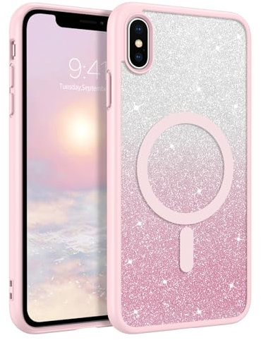 DUEDUE Cover Magnetica per iPhone XS Max 6.5[Compatibile con MagSafe], Custodia per iPhone XS Max Case Glitter Sottile Lucida TPU Silicone Anti-Scivolo, Ricarica Magnetica Wirelesse, Gradiente Rosa