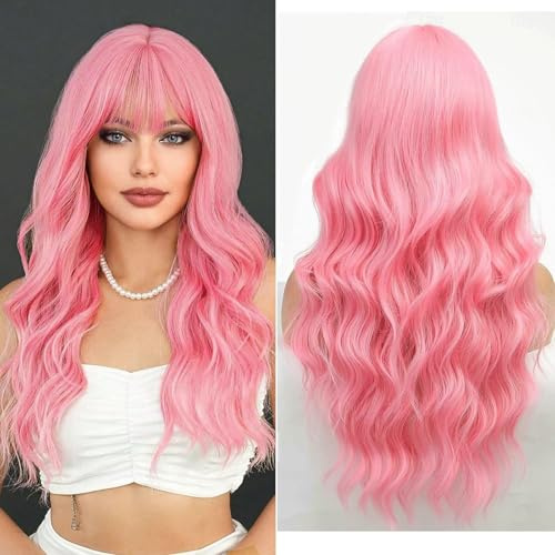 PORSMEER Perruque Rose pour femme avec frange,Naturelle Longue Bouclée Cheveux Synthétiques Perruque pour La Fête Et Les Vêtements De Cosplay