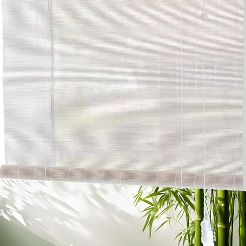 Weiß Natur Bambus Rollo,Retro Raffrollo Holzrollo Seitenzugrollo 55% Blickdicht Jalousien,Verdunkelungsrollos,Sichtschutz Sonnenschutz Für Garten/Balkon/Küche,,Anpassbar (Y,60x80cm/24x32in)