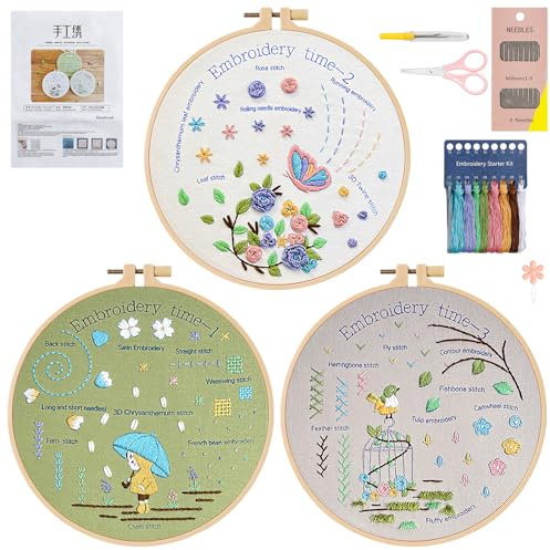LOMOHOO Stickset für Anfänger, 3 Sticken Set Erwachsene Kinder, Blumenmuster Pflanzen Stickerei Set mit Stickrahmen Stickgarn Sticknadeln, Embroidery Kit Kreuzstich Set für DIY Kunst Handwerk