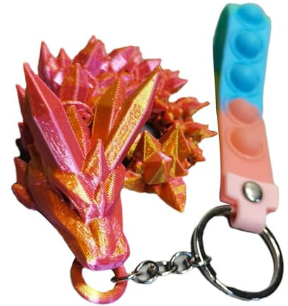 Flexibler Schlüsselanhänger mit 3D-Druck, Drachen-Schlüsselanhänger, Kristall-Schlüsselanhänger, Drachenstatue-Figur, Regenbogen-Perlglanz-Farben für Schlüssel, Ornament-Dekoration, - C Rot, Gold,