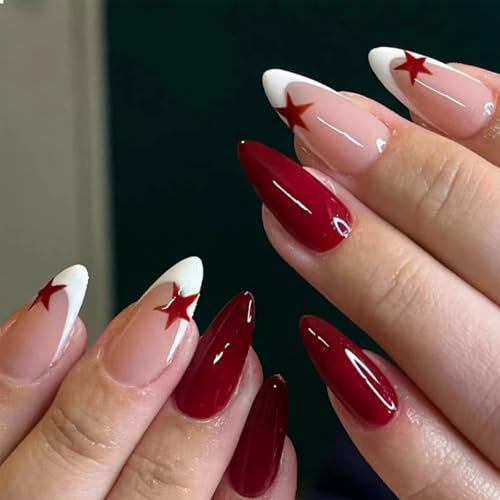 CharmBurst Lot de 24 faux ongles rouges brillants - Faux ongles blancs et argentés avec motifs étoiles