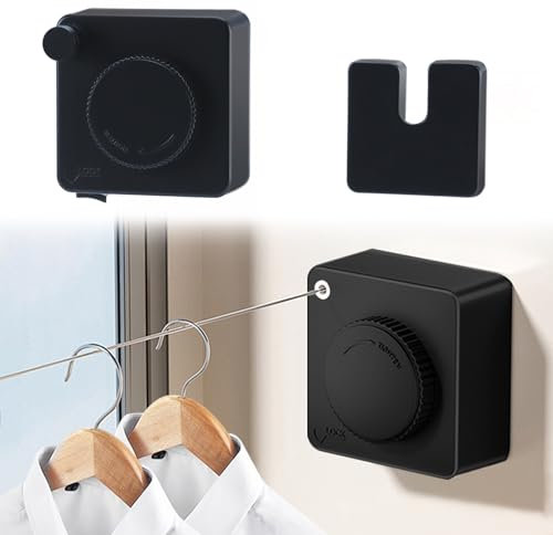 Feelhap Corde à Linge Rétractable,Étendoir à Linge pour Intérieur et Extérieur Fils à Linge de 4,8M en Acier Inoxydable,Gain de Place,Fil a Linge Extérieur Retractable pour Balcon,Salle de Bain(Noir)