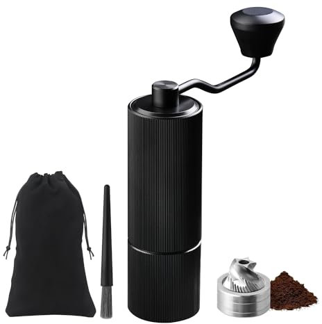ELMWAY Manual Coffee Grinder – Stainless Steel Burr & Shaft, Dual Bearings, Lightweight Aluminium Body & Handle, Adjustable Grind, ABS Support Frame, Travel Pouch – Black