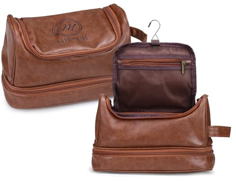 Glimmerday Trousse de Toilette Personnalisée, Trousse de Toilette de Voyage, Trousse de Toilette pour Homme et Femme, Grande Trousse de Toilette Suspendue avec Poignées, Cuir