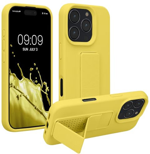 kwmobile Case Compatible with Apple iPhone 16 Pro - Case with Hand Strap and Stand Soft TPU Silicone Coating - Radiant Yellow