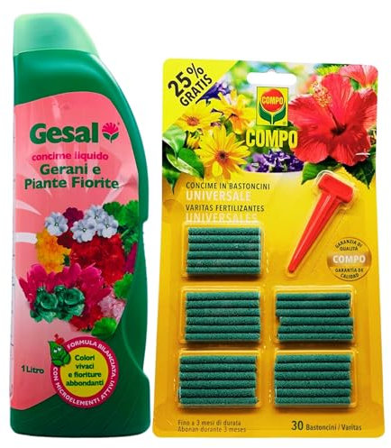 SET: Concime Liquido GERANI E PIANTE FIORITE, Formula Bilanciata. Ideale Per Tutte Le Varietà Di Gerani e Piante Fiorite 1L + Concime In Bastoncini UNIVERSALE, Confezione Da 30 Bastoncini