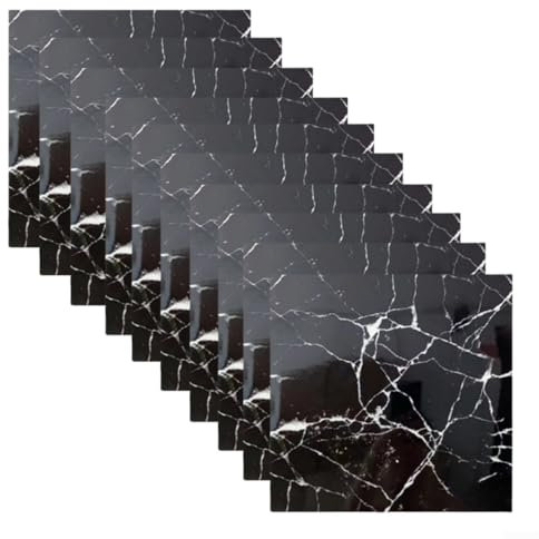 Entgoinggo Lot de 10 panneaux muraux effet marbre 3D imperméables et autocollants décoratifs pour cuisine et salle de bain Noir 30 x 30 cm