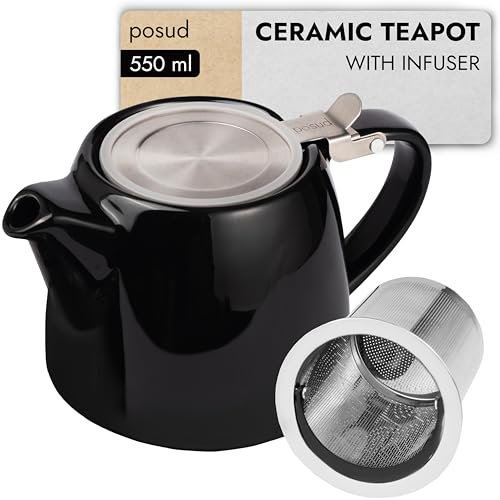 posud Teapot with Infuser – Ceramic Teapot with Strainer for 2 Cups – 550ml Small Tea Pot Infuser for Loose Tea – Stump Tea Pot with Filter for Two (Black)