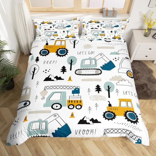 Loussiesd Cartoon Car Kids Bedding Set Construction Duvet Cover for Gift Boxes Christmas Decor Equipment Trucks Comter Excavator Tractor White Yellow Bedspread Bedroom Junior/Cot Bed 2Pcs