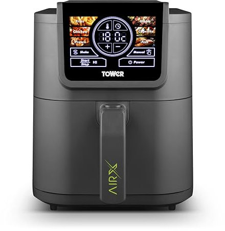 Tower T17166 AIRX 5L Digital Single Basket Air Fryer with A.I & Vortx Technology, 6 Cooking Pre-sets, Space Saving Design, 60 Minute Timer, 1500W, Grey