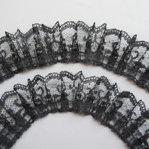 Schwarzes 9,1 m langes Plissee-Netzband mit Spitzenrand, gerafftes Netzband, 3,8 cm, Vintage-Stil, Einfassung, Stoff, bestickte Applikation, Nähen, Handwerk, Hochzeit, Brautkleid, Kuchen, Karten