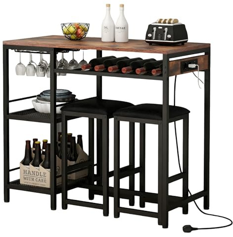 Gyfimoie Bartisch mit Barhocker Set, Stehtisch mit 2 Barhockern und Ladestation, Esstisch Set mit 2 Seitenregalen, Stahlgestell, Industrie-Design, Küchentisch für Esszimmer, Küche, Wohnzimmer