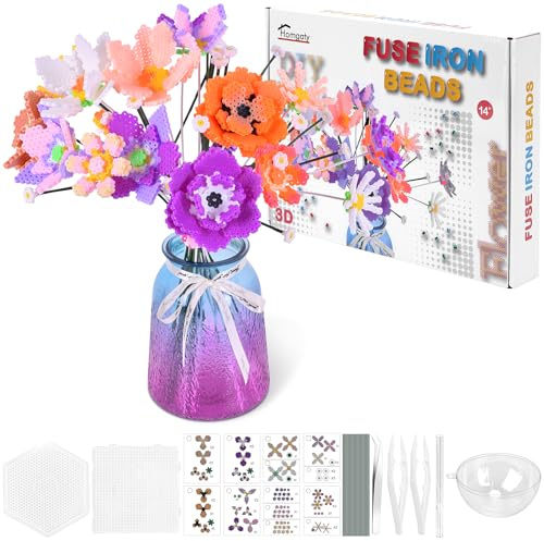 Zoyomax 5200 Stück Bügelperlen Blumenstrauß mit 3D Effekt, Geschenkbox mit 5mm Steckperlen, inkl. 2 Stiftplatten, Motivvorlage, Bügelpapier und Zubehör zum Basteln für Erwachsene