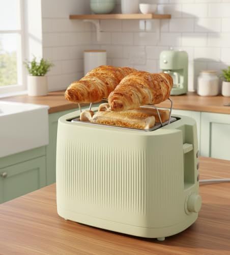 New 2-Toaster – Pistachio Green Striped Design with Warming Rack, Custom Toasting Controls, and Modern Kitchen-Friendly Finish for Everyday Breakfast Use-A72