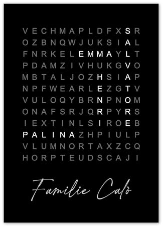 double critical Hochzeitsgeschenk personalisiert mit Namen – Familien Poster Buchstabenrätsel Schwarz Elegant – Geschenk zur Hochzeit für Brautpaar & Paare – edles Wandbild A4 A3 50x70 cm P08