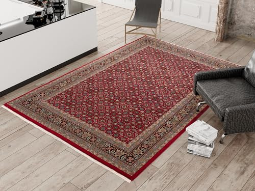 Mein Teppichmarkt Teppichträume werden wahr! BADOHI HERATI handgeknüpfter Orientteppich Naturfaser Kurzflor hochwertige Qualität in Rot Blau Braun Größe: 90x160 cm Diele, Esszimmer, Flur, Kinderz