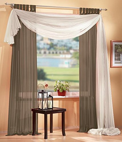 Gardinen Set, 2 x Schlaufenschal Voile, transparent, 245x140, Nougat, 1 x Voile Querbehang, Freihanddeko, 140x600, Creme, 61000560
