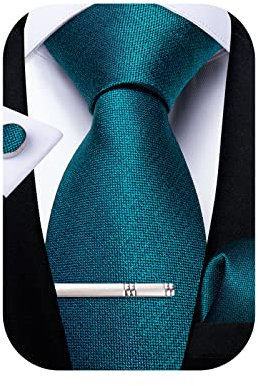 DiBanGu Herren-Krawatte aus Seide, einfarbig, Krawatte und Einstecktuch, Manschettenknöpfe, für formelle Anlässe oder Hochzeiten, 01 Türkis, 149.8 cm