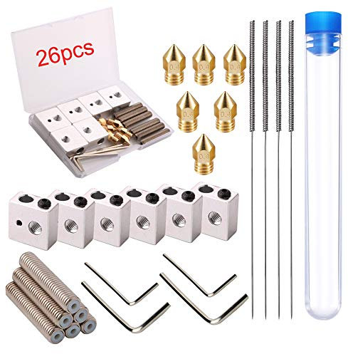 RUNCCI-YUN 6stücke 30 MM Länge Extruder 1,75 MM Teflon Throat Tube und 6 stücke 0,4 MM Messing Extruder Düse Druckköpfe und 6 Stücke Heizung Blöcke Hotend für MK8 Makerbot Anet A8 3D Drucker