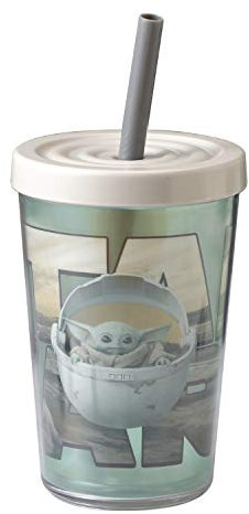 Zak Designs Star Wars The Mandalorian Doppelwandiger Becher mit Deckel und Strohhalm aus bruchfestem Kunststoff (Das Kind, 14 Unzen, BPA frei)