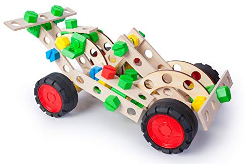 A ALEXANDER 2158 Constructor Junior 3 in 1 Set Sportwagen Bausatz, 107 Teile Holzbaukasten Auto, Experimentierkasten mit Holz und Kunststoff Elementen, Konstruktionsspielzeug für Kinder ab 4 Jahren