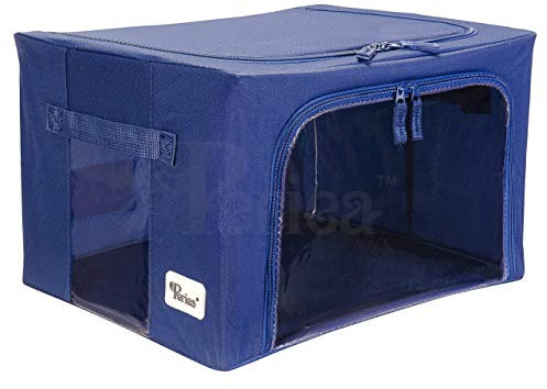 Periea ‘Beau’ Folding Collapsible Stackable Fabric Home Storage Boxes with Steel Frames (Navy, Small)