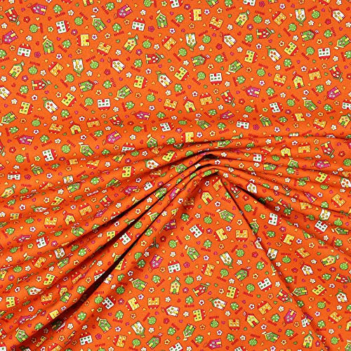 Baumwollstoff mit Kindermotiven | Meterware | Betten Decken Accessoires (Orange - mit Häuser)