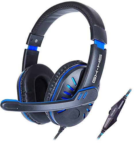 ENHANCE GX-H5 Casque Gaming avec Microphone Rotatif pour PS5, PS4, Xbox, PC, Switch - Bandeau Souple Réglable, Contrôleur de Volume avec Câble Tressé, Câble répartiteur Inclus (Bleu)