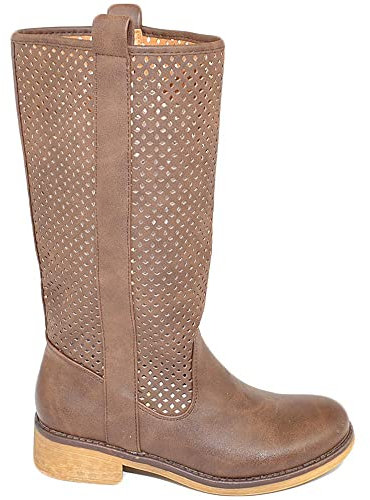 Stivali Donna Biker Estivi Marroni Gambale Forato Tacco Basso Altezza Polpaccio Comodo con Striscia Casual Fresco (38 EU)