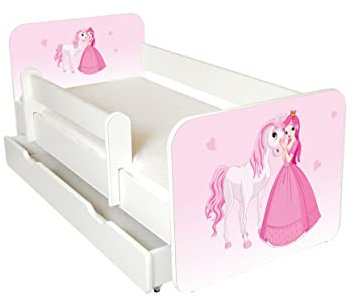 AS-TOR Kinderbett Jugendbett Igor 80x160cm mit Matratze, Schublade und Abnehmbarem Geländer - Bett Schlafzimmer Kindermöbel Kinderbetten für Mädchen Junge, Hochwertige Möbelplatte Rosa Prinzessin