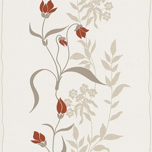 Profhome Florale Tapete 958741-GU Vliestapete creme rot beige 0,53 m x 10,05 m / 5,33 m2
