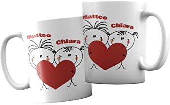 t-shirteria Coppia di Tazze PERSONALIZZABILI - NOMI - Disegni Simpatici - Sketches - Cuore - Coppie - Tazza Colazione - Colazione - Regalo per coppia