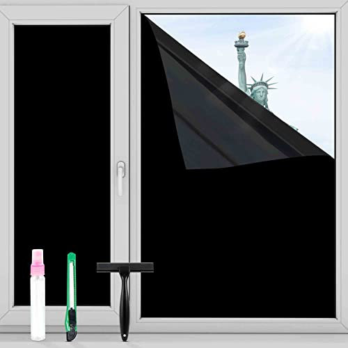 FuFin Total Blackout Window Privacy Film with Free Installation Tools,Explosion-Proof PET Material,Blocks 100% of UV and Light Rays.Heat Control Room Darkening Window Cover(Total Black 35.4×196.9)