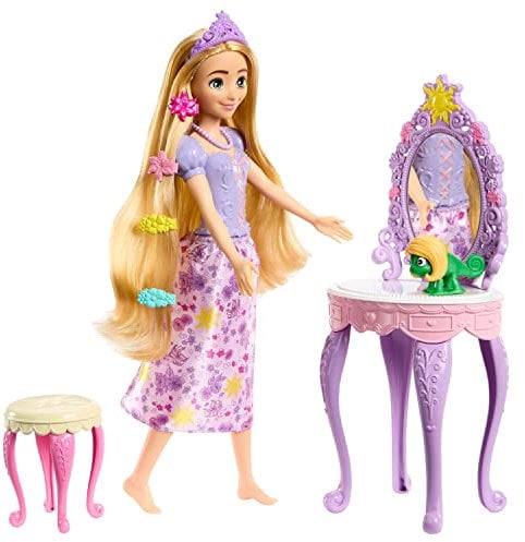 Disney Princess-Spielzeug, Rapunzel-Puppe mit Schminktisch, Pascal-Figur und 10 Zubehörteilen, inspiriert vom Disney-Film, HLX28