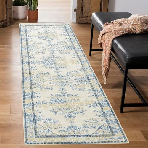 Carvapet Läufer Teppich 60x210cm rutschfest Lang Küchenteppich Weiche Mikrofaser Waschbar Teppichläufer Flächenteppich Laufteppich(Blau Gelb)