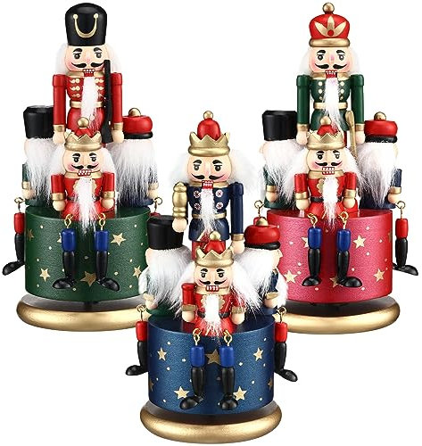 Libima 3 Pcs Nutcracker Soldier Music Box Wooden Clockwork Soldier Figures Wind up Musical Box with Round Base Nutcracker Christmas Decorations for Home Decor Festive Birthday Ornaments Red Green Blue
