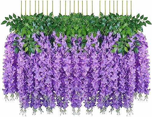 Denxahao Kunstblumen künstliche Glyzinien Blumen, Girlande Pflanze gefälschte hängende Blumen Rebe Künstliche Wisteria Girlande für Hochzeit, Geländer, Zuhause, Büro, Party, 110CM (12PCS/Violett)